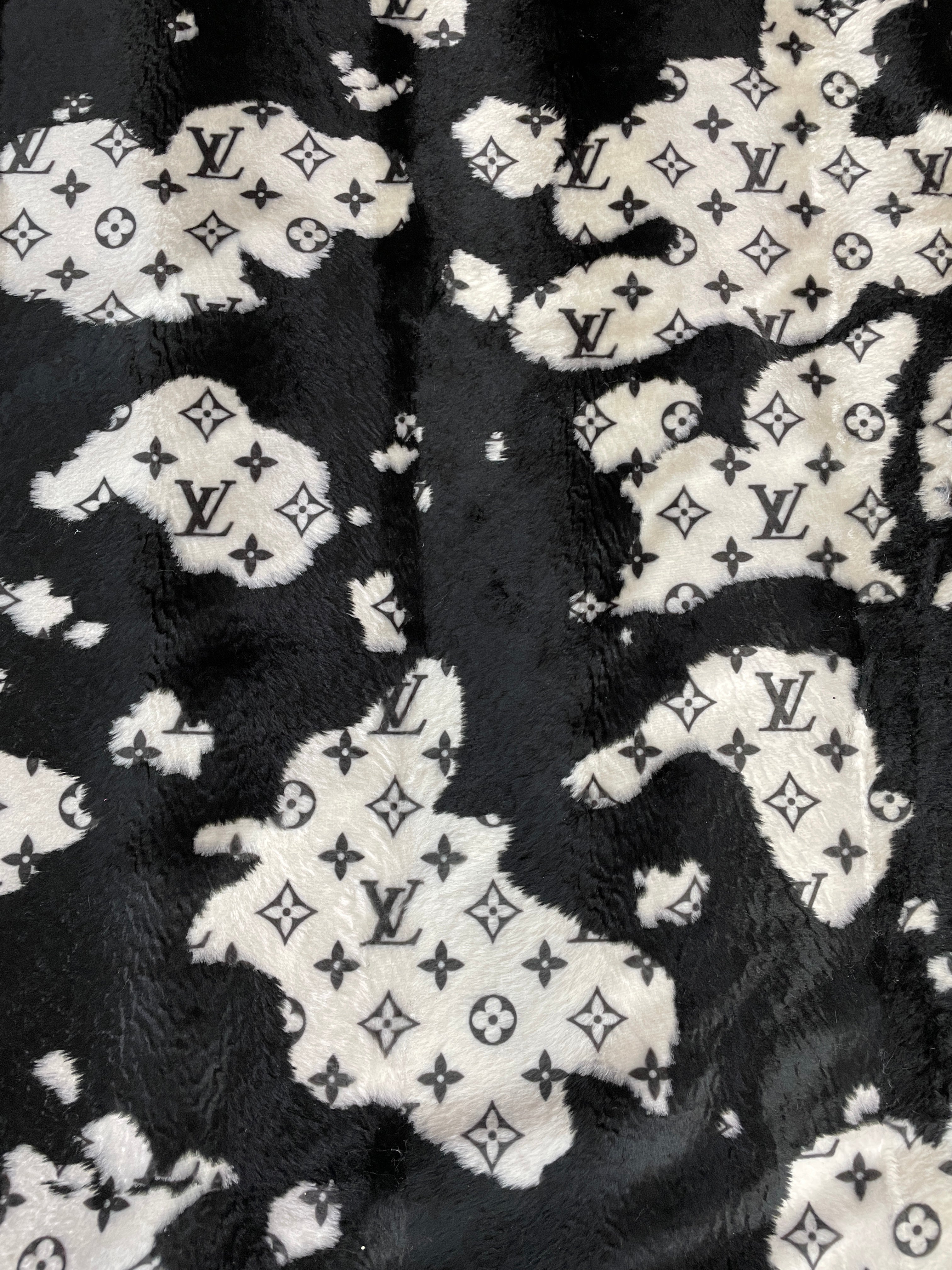 Cozy milky white faux fur Suit with LV Inspired black Monograms, Hoodi –  logofabrics